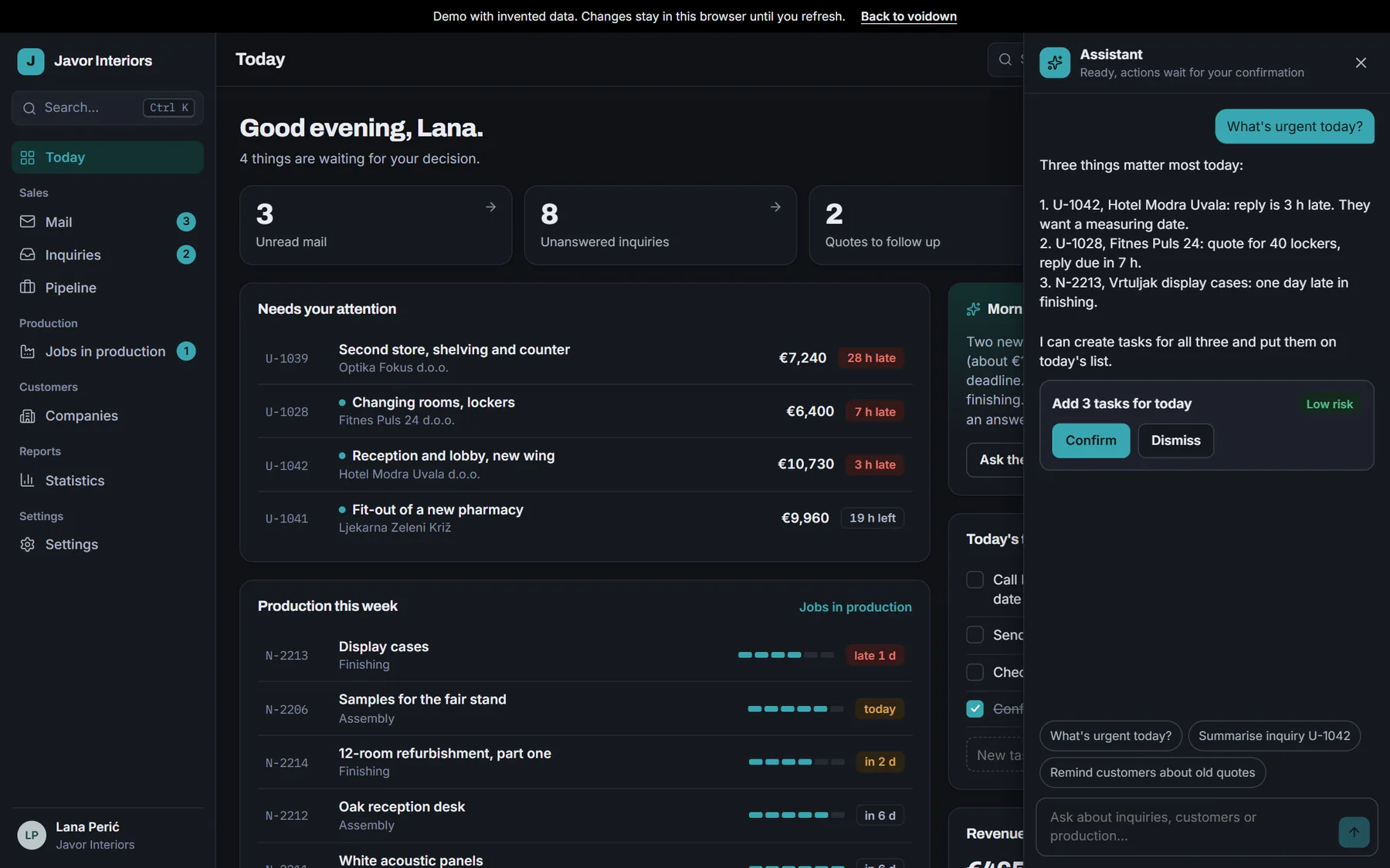 Pogon in dark mode: the day overview with late inquiries and an AI assistant proposing three tasks with a confirm button